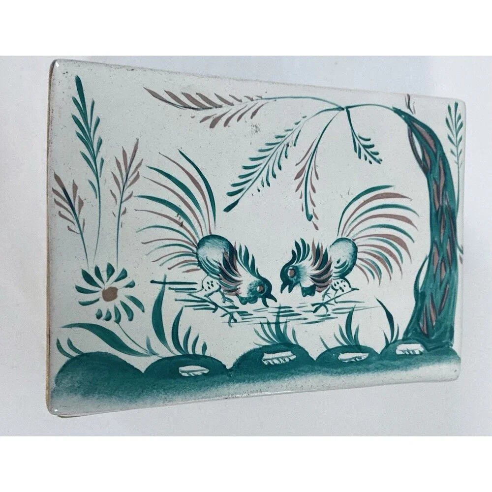 VTG  Porcelain trinket Box Roster  Bird Flower  Green W Gold Trim Italy ARS 792